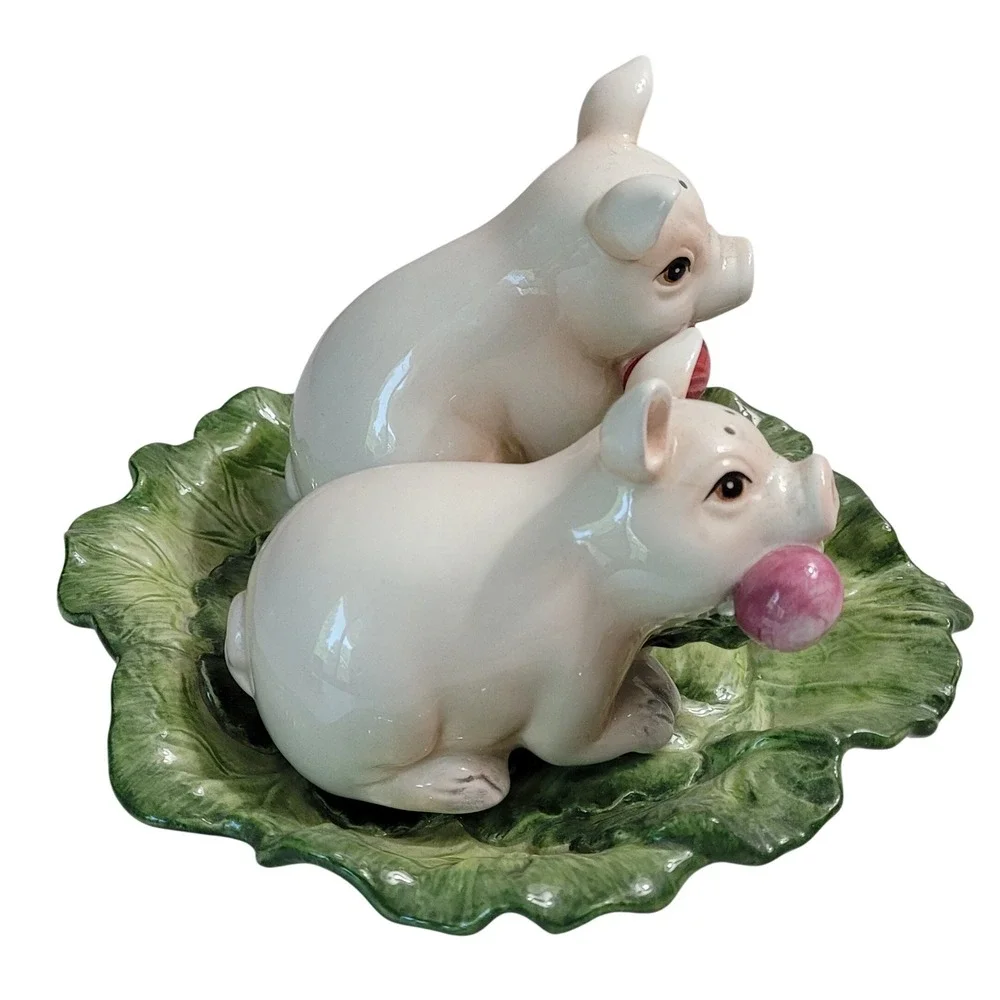Fitz and Floyd French Market Pig Salt Pepper Shakers Cabbage Tray Set Ceramic